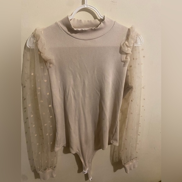 Women's  Turtle Neck Polka Dot Sheer Mesh Puff Long Sleeve Bodysuit Blouses - Picture 2 of 7
